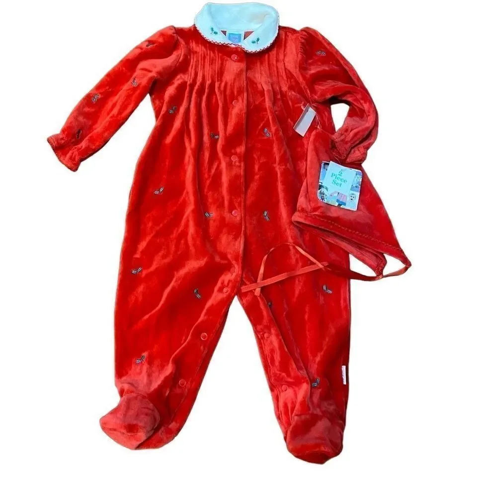 NWT Little Me Christmas Red Velvet Velour Sleeper Hat 9M